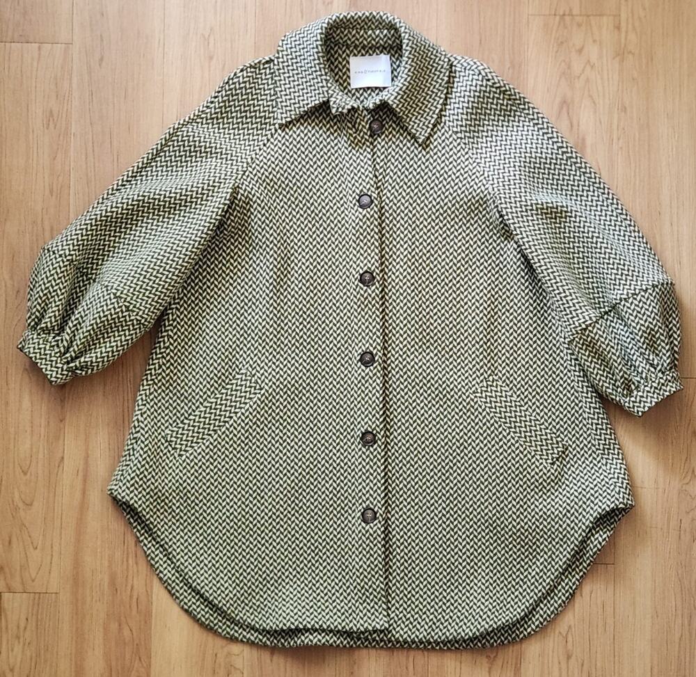 KING & TUCKFIELD Oversized Wool-Tweed Coat White Green Chevron Pattern Sz XS